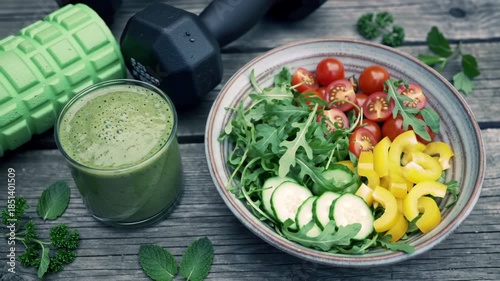 Overhead shot featuring a fresh salad, green smoothie, dumbbell, and exercise roller arranged on a rustic wood tabletop promoting a healthy lifestyle.