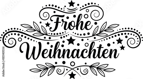 Frohe Weihnachten (Merry Christmas in German) elegant vector calligraphy lettering with ornate swirls, dots, leaves, and star decorations, perfect for holiday greeting card design.