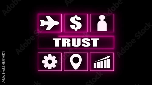 Pink Neon Bordered Icons and TRUST Text on Black Background TRUST trustworthiness