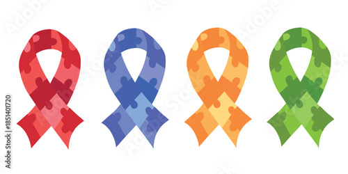 Collection set of colored twisted isolated ribbons with puzzles