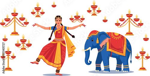 Indian woman performing classical Bharatnatyam dance with a decorated blue elephant and many ornate oil lamps (diyas), festive illustration for Diwali and cultural events.