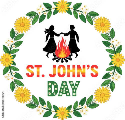 St. John's Day (Midsummer/Festa Junina) vector illustration with two dancers silhouettes jumping over a bonfire, encircled by a festive floral wreath of sunflowers and leaves.