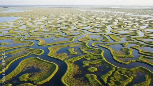 Aerial View of Intricate Wetland River Patterns with Lush Green Vegetation and Waterways