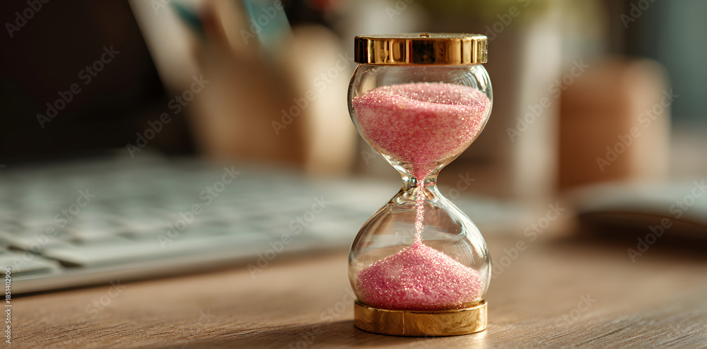 Obraz premium Switching from 2025 to 2026 with a sand timer on the desk. Planning, setting goals, motivating, resetting the timer, and considering celebration ideas