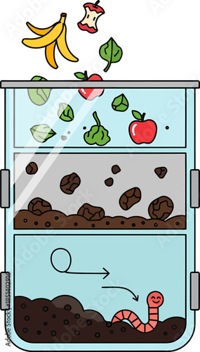 Composting Process with Worms and Food Waste.