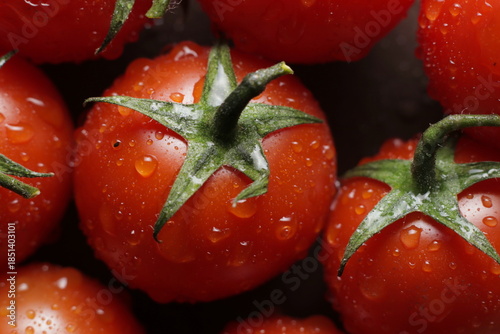 Cherry tomatoes with water drops close up studio shot over