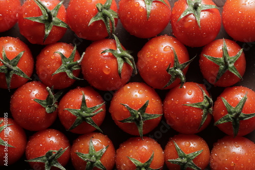 Cherry tomatoes with water drops close up studio shot over