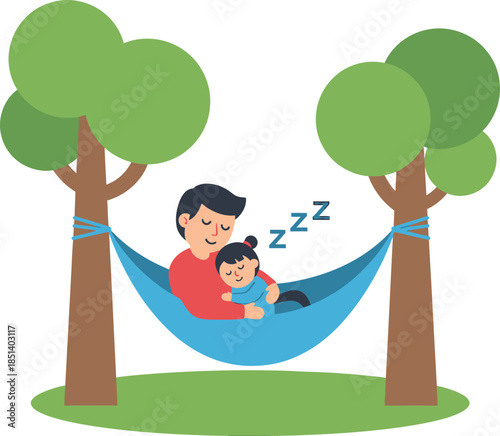 Father and Child Sleeping in Hammock.