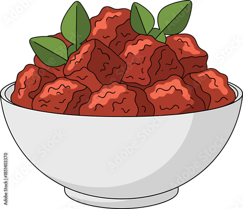 Bowl of Meatballs with Green Leaves.