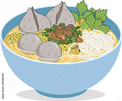 Bowl of Noodles with Dumplings and Herbs.