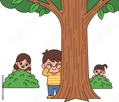 Children Playing Hide and Seek Behind Tree.