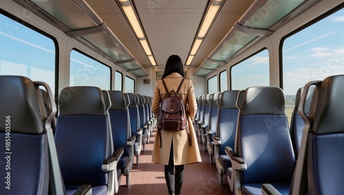 Female passenger in coat carrying backpack walking inside spacious train carriage with blue seats and panoramic windows.