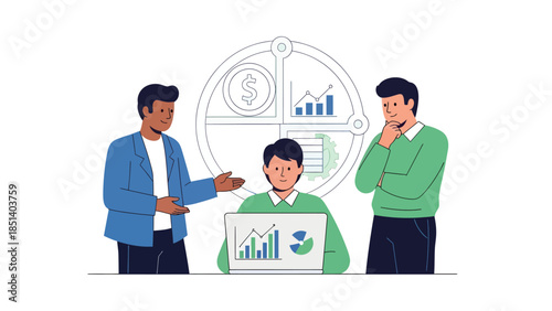 Three Men Discussing Data on Laptop.