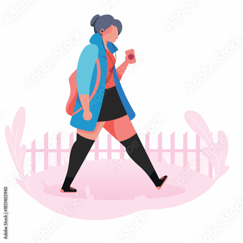 A girl walks and listens to music