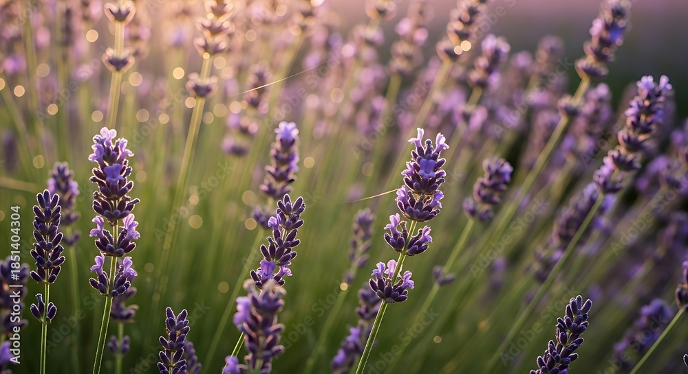 Fototapeta premium Vibrant Lavender Field Bathed in Golden Sunlight at Sunset.