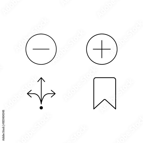 Remove, add, multi-direction, and bookmark icons
Grid of four interface icons: minus in circle for remove, plus in circle for add, arrows for multi-direction, and bookmark symbol. 