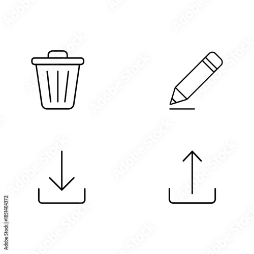 Trash, edit, download, and upload icons
Grid of four interface icons: trash can for delete, pencil for edit, downward arrow for download, and upward arrow for upload. 