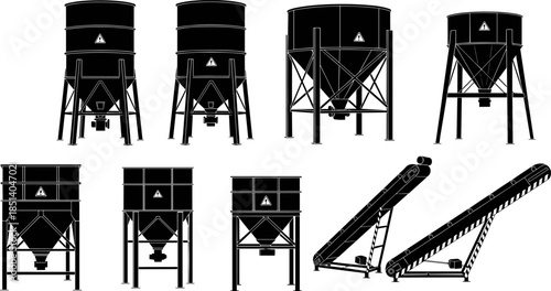 Black silhouette vector set of industrial storage silos and long conveyor belts, depicting manufacturing, agriculture, production, storage, logistics, material handling, 