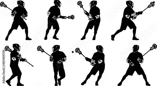 Black silhouette vector set of lacrosse players in various action poses, depicting men with sticks, playing the sport, shooting, running, and competing for athletic team competition.