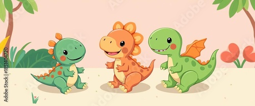 Adorable cartoon dinosaurs playing, vibrant colors, simple shapes, friendly expressions, cute,   t-rex