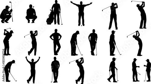 Black silhouette vector set of men golf players in various action poses, depicting golf swing, putting, waiting, competition, leisure, athletic lifestyle, and outdoor recreation for male athletes.