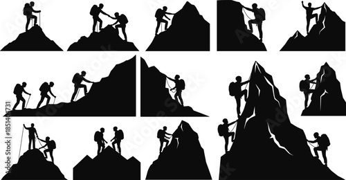 Black silhouette vector set of mountain climbers on rocky peaks, depicting hiking, extreme sport, challenge, adventure, teamwork, alpinism, high elevation, and reaching a summit goal.