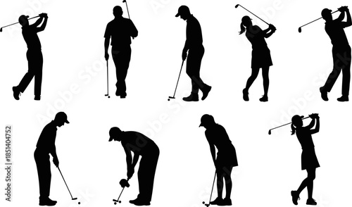 Black silhouette vector set of male and female golf players in various action poses, depicting golf swing, putting, competition, leisure, athletic lifestyle, and outdoor recreation sport.