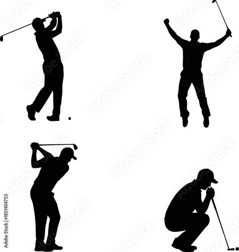 Black silhouette vector set of male golfers in various poses, depicting golf swing, celebration of victory, putting, and general sport playing action on the course.