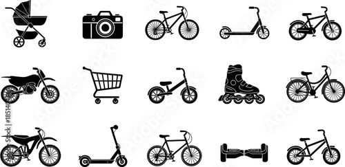 Black silhouette vector set of miscellaneous objects including bicycles, camera, stroller, motorcycle, hoverboard, and shopping cart, depicting transportation, technology, leisure, 