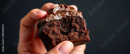 Close-up of a hand delicately biting into a rich chocolate cupcake, close-up, hand