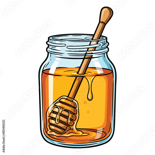 Cartoon depiction of a jar of honey with a dipper, honey drips from the tool