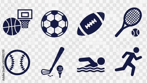 Dynamic Sports Vector Icon Collection Featuring Various Athletic Activities and Essential Equipment Elements
