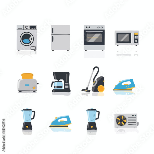 Colorful flat illustrations of household appliances with realistic reflections