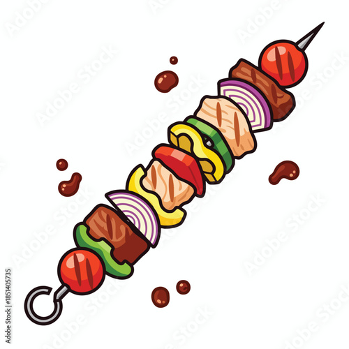 Colorful skewer of grilled meats and veggies, with sauce droplets on a white backdrop