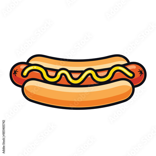A cartoon depiction of a hot dog on a white background, filled with mustard