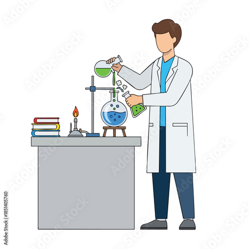 A scientist in a lab coat is mixing chemicals in beakers