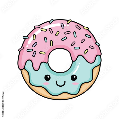 A cartoon donut with pink frosting, sprinkles, and a smiling face