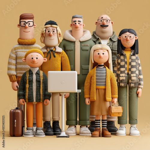 A group of people are posing for a photo, with one person holding a laptop. Scene is cheerful and friendly, as the people are smiling and seem to be enjoying each other's company