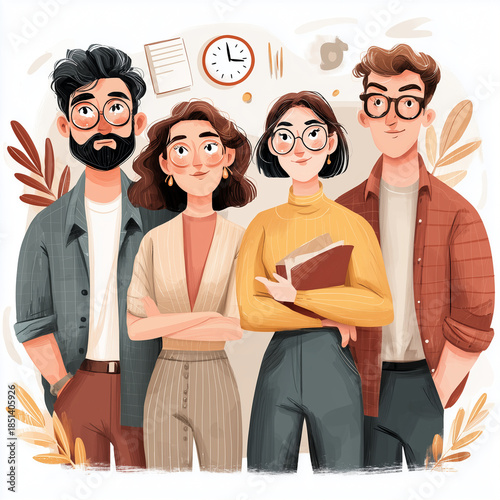 A group of people are standing together, one of them holding a book. Concept of camaraderie and intellectual curiosity