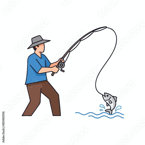 A man reels in a fish with a fishing rod. The fish jumps above the water