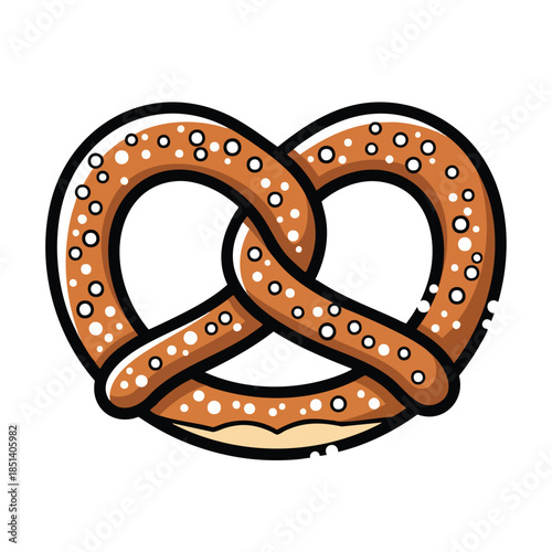 Cartoon pretzel illustration with brown twists, black outlines, and white salt dots