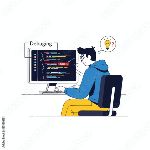 A programmer debugging code, with an error message, and a question mark idea