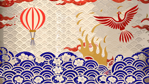 Vibrant Japanese inspired illustration of phoenix soaring with hot air balloon