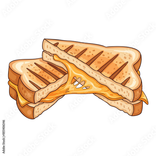Illustration depicts two toasted cheese sandwiches, dripping melted cheese