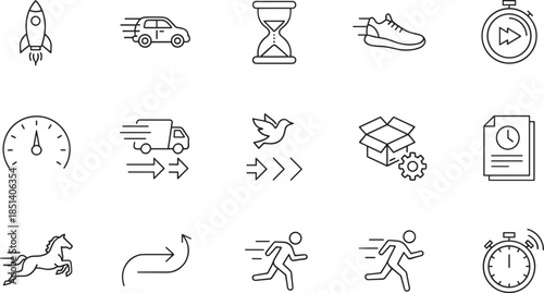 Collection of linear icons representing speed and motion featuring a rocket car stopwatch running man and fast delivery symbols