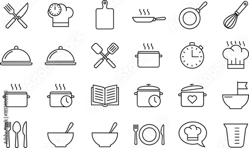 Comprehensive collection of linear kitchen icons including pots pans utensils chef hats and timers for culinary and recipe design