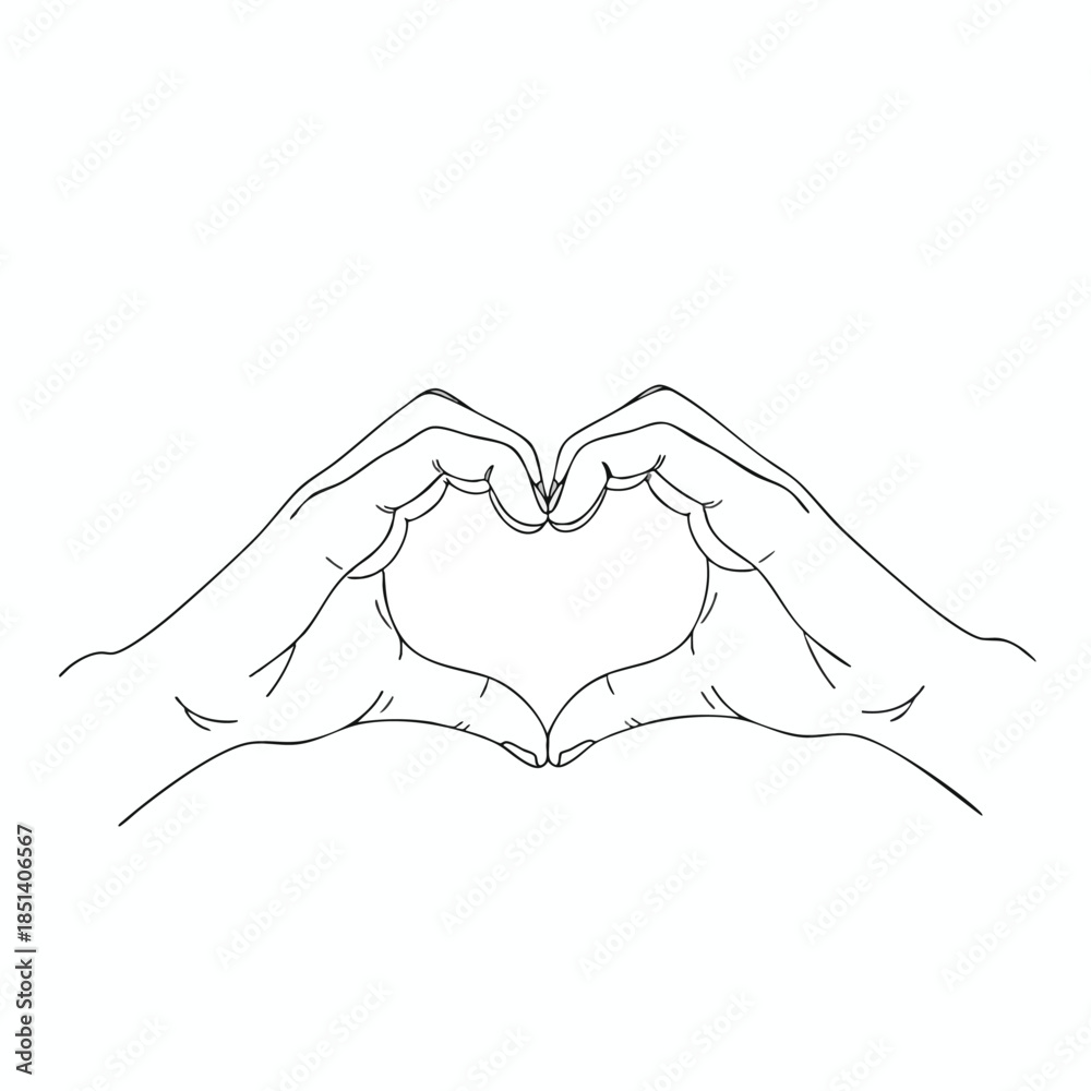 Fototapeta premium Black outline drawing of two hands forming a heart shape