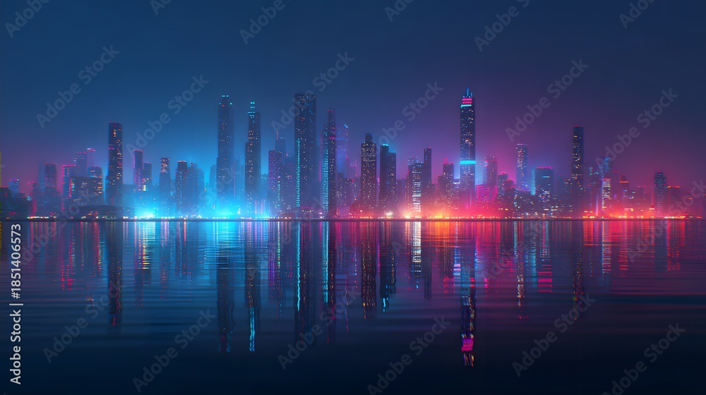 Fototapeta premium Futuristic Cityscape at Night with Reflections on Water.