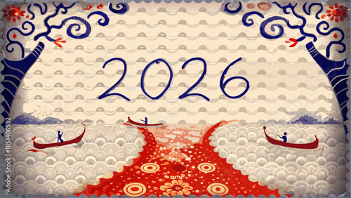 Vibrant 2026 New Year celebration with traditional boats on red pathway