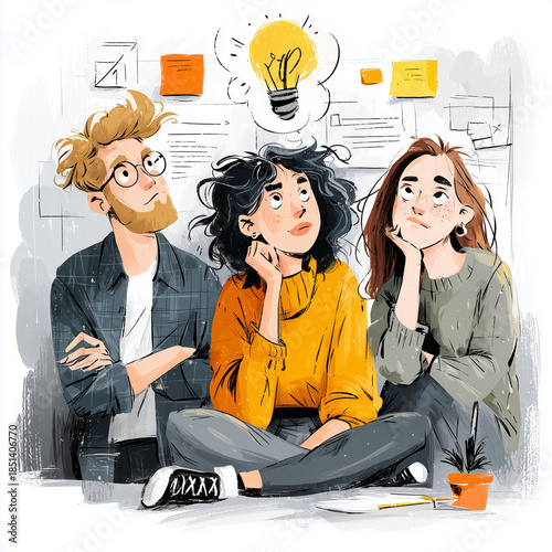 Three people are sitting on the floor, one of them is thinking. Scene is contemplative and thoughtful